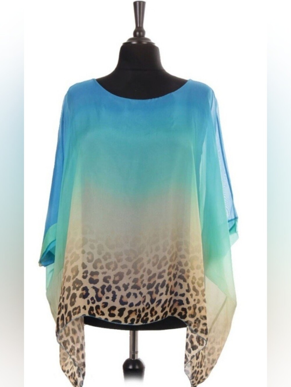 Gigi Moda Silk Ombre Blue-Green Leopard Print Poncho Top From Italy